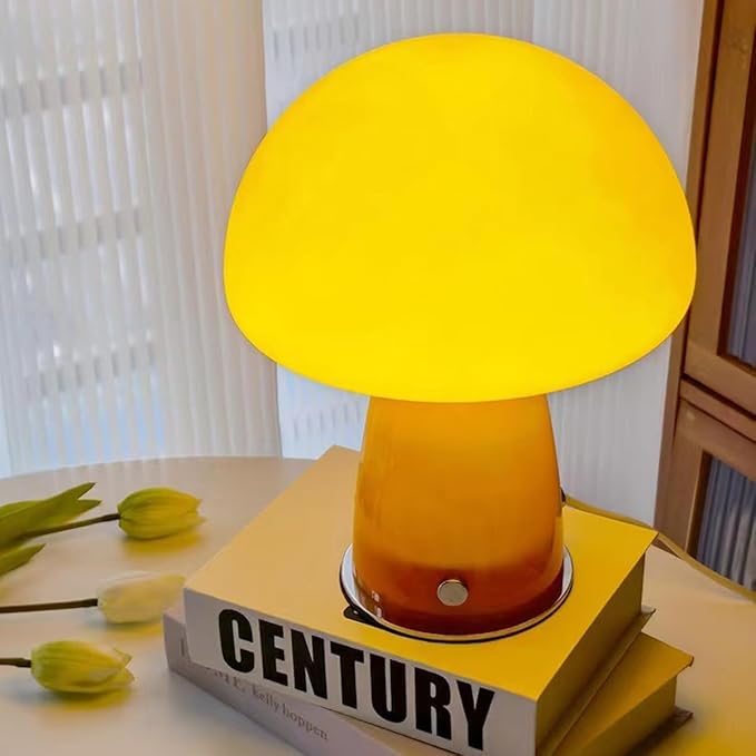 Cute Mushroom Lamp with Glass Lampshade,Small Orange Table Lighting,3000K Warm Light Led Bedside Lamp,Mid Century Modern Desk Light for Living Room Bedroom
