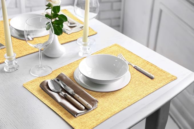 homing Cotton Linen Placemats Set of 4, Cloth Washable Farmhouse Dining Table Mats for Indoors & Outdoors, Easy to Clean, Mustard Yellow, 13 x 19 Inch