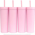 STRATA CUPS Pink Skinny Tumblers with Lids and Straws (4 pack) - 16oz Matte Pastel Colored Acrylic Tumblers with Lids and Straws, Double Wall Skinny Tumbler Bulk, Reusable Cup with Straw Cleaner