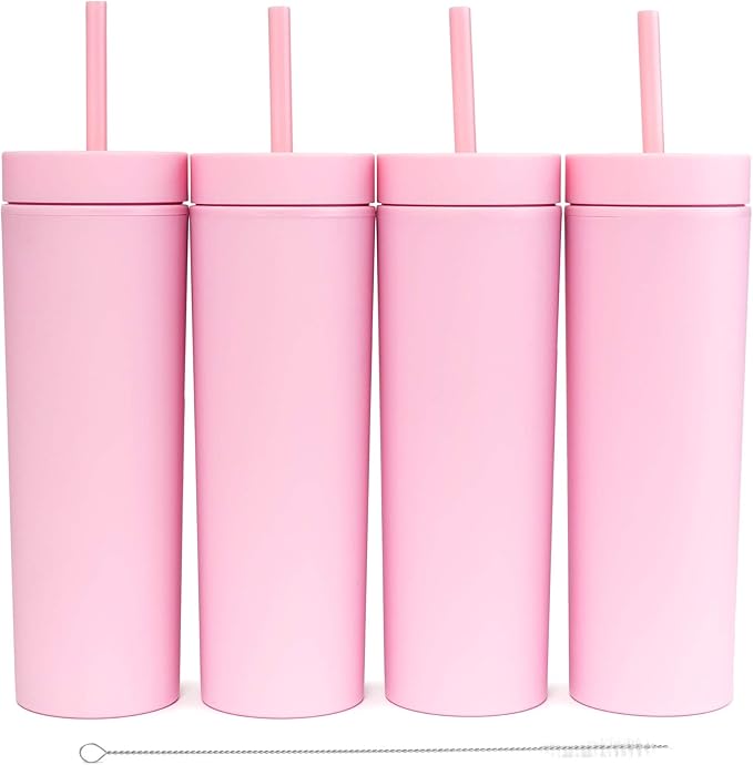 STRATA CUPS Pink Skinny Tumblers with Lids and Straws (4 pack) - 16oz Matte Pastel Colored Acrylic Tumblers with Lids and Straws, Double Wall Skinny Tumbler Bulk, Reusable Cup with Straw Cleaner