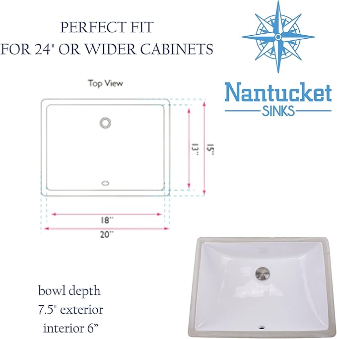 Nantucket Sinks Undermount Bathroom Sink – 18" x 13" Interior Rectangular Bowl, Ceramic Bath Sink for Vanity, w Overflow, High Gloss White Vitreous China, Scratch & Stain Resistant – UM-18x13-W