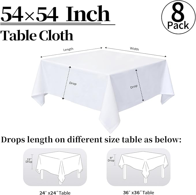 8 Pack White Square Tablecloth 54x54 Washable Polyester Table Cloth for Square or Round Tables, Wrinkle Resistant Fabric Decorative Covers for Dining Party Banquet Buffet and Wedding
