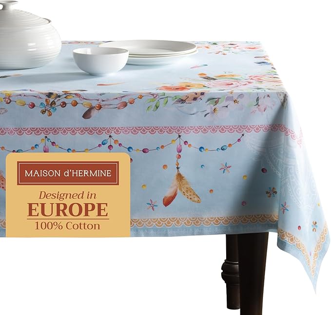 Maison d' Hermine Table Cloth Rectangle Table 100% Cotton 60 x 90 Inches Tablecloth Reusable Decorative for Dining Room Farmhouse Home Valentines Day Decorations Spring Summer - Ibiza - Blue