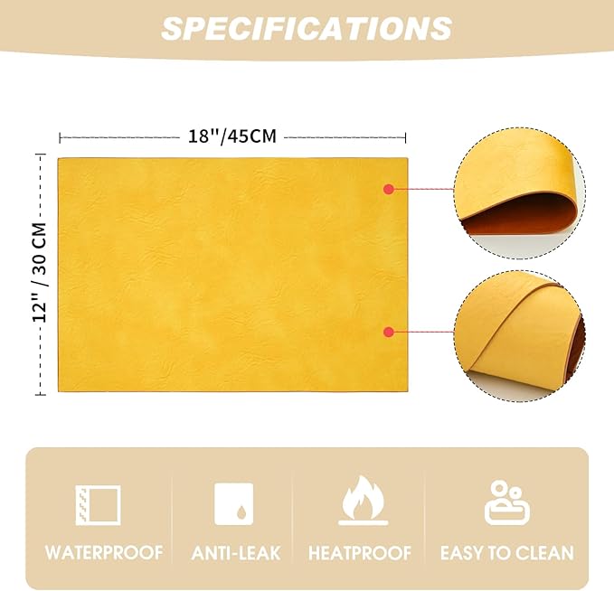 Artoid Mode Yellow Faux Leather Placemats Set of 6, 12x18 Inch Waterproof Wipeable Heat Resistant Vinyl Place Mats, Reversible Table Mats for Summer Kitchen Dining Decor