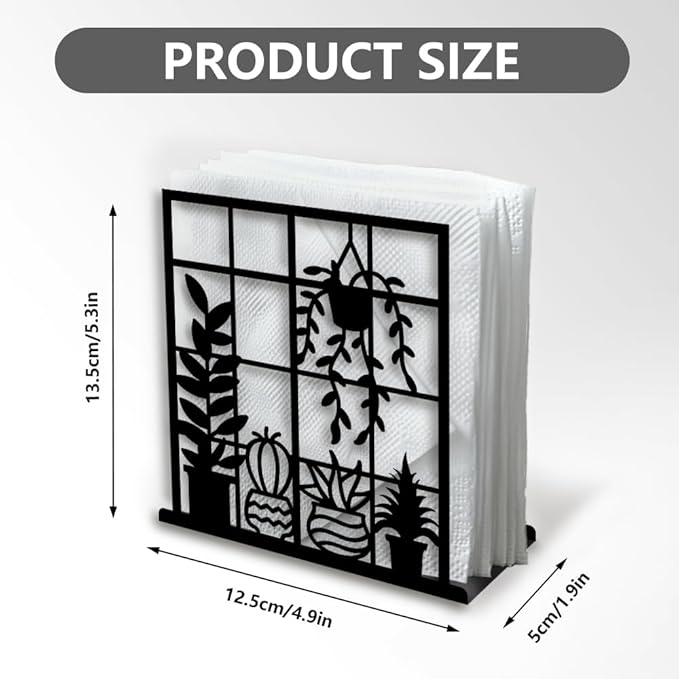 Potted Plant Decorative Black Metal Napkin Holder for Table, 4.9"x5.3"x1.9" Window Sill Hanging Basket Standing Napkin Holder for Home Kitchen Restaurant Picnic Party Coffee Bar Dining Room
