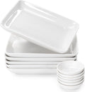 8 Inch Appetizer Plates Set with Dipping Cups for Serving, Desserts, Salads – Chip-Resistant, Porcelain, Rectangular Dinner Plates – Free of Plastic & Lead – 6 Small, White Dinner Plates & Cups