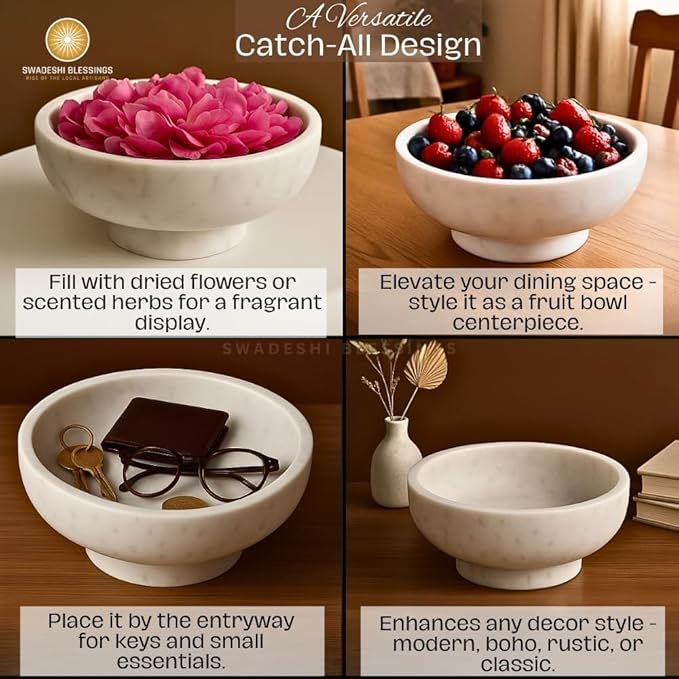 SWADESHI BLESSINGS Handcrafted Marble Fruit Bowl for Kitchen Counter, Large Decorative Bowl for Home Decor, Key Bowl for Entryway Table, Marble Pedestal Bowl for Dining Table Centerpiece Decor, 10.5”