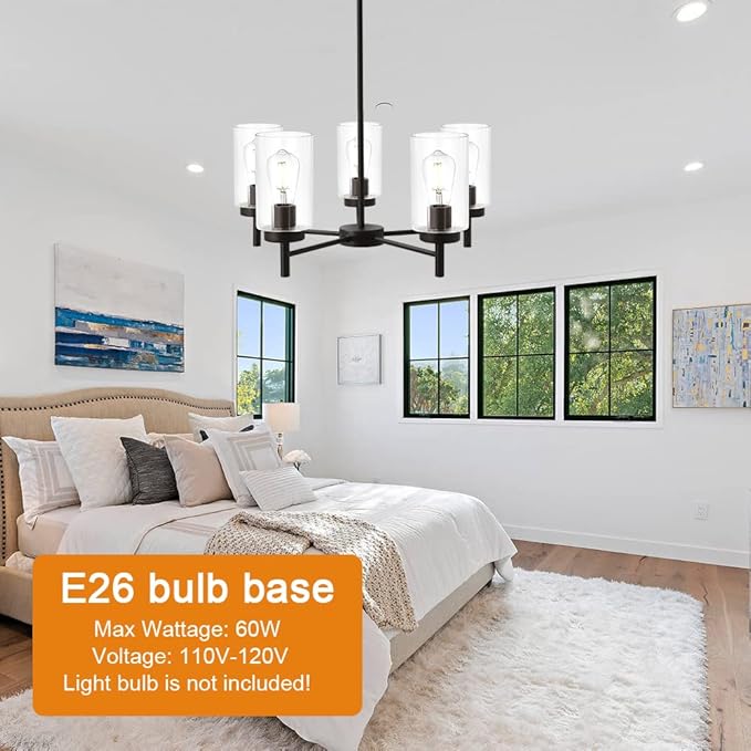 VINLUZ Contemporary 5-Light Large Chandeliers Oil Rubbed Bronze Modern Lighting Fixtures Hanging Clear Glass Shades Pendant Lighting for Dining Room Living Room Kitchen