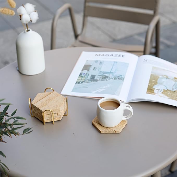 Hexagonal Sandstone Coaster Set of 6, Highly Absorbent Coasters for Drinks, Desert-Like Patterns Natural Sandstone Drink Coasters with Holder for Home Decor, Velvet Backed, Housewarming Gift