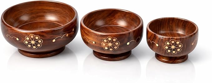 AMERZONE Handcrafted Sheesham Wood Bowl Set | Decorative Brass Inlay | 6, 5, 4 Inch Nested Serving Bowls for Salad, Snacks, Dry Fruits & Ice Cream | Stackable Kitchen Serveware (Set of 3)