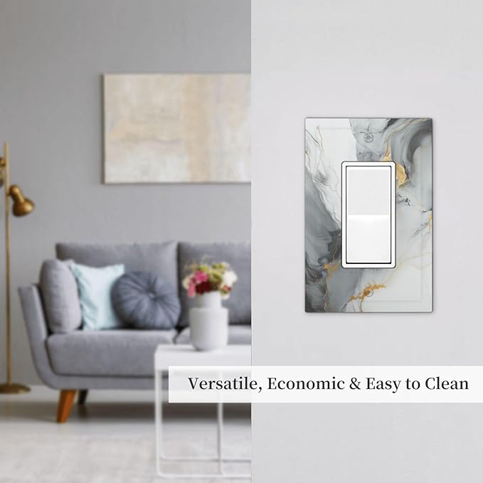 Outlet Covers Gray/Gold Marble Abstract Modern Luxury 1 Gang Wall Plate Single Rocker Light Switch Cover Decorative GFCI Receptacle Electrical Switchplate for Bathroom Bedroom Decor（2 Pack）