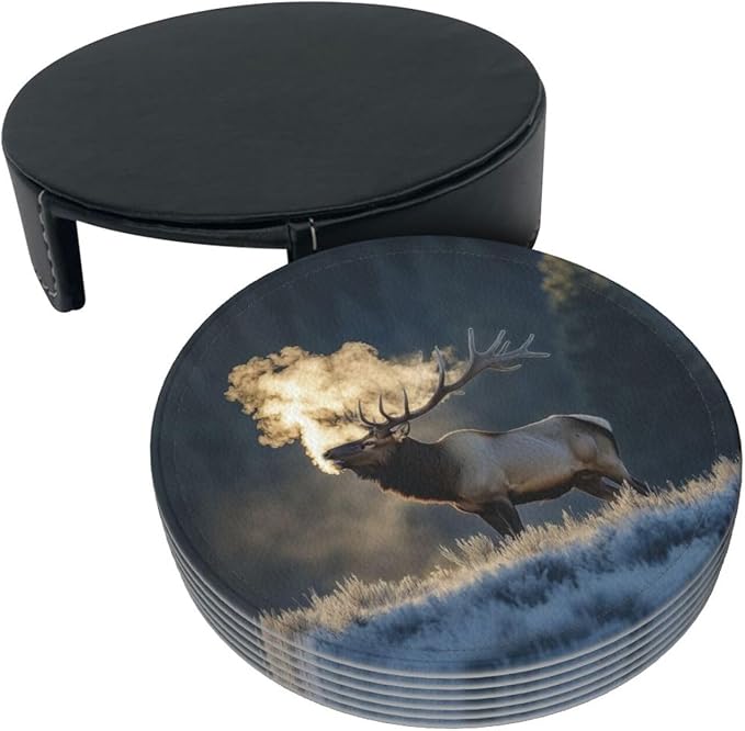 Majestic elk steam Printed Leather Coasters for Drinks, Set of 6 Drink Coaster Dining Room Decor Cup Coasters