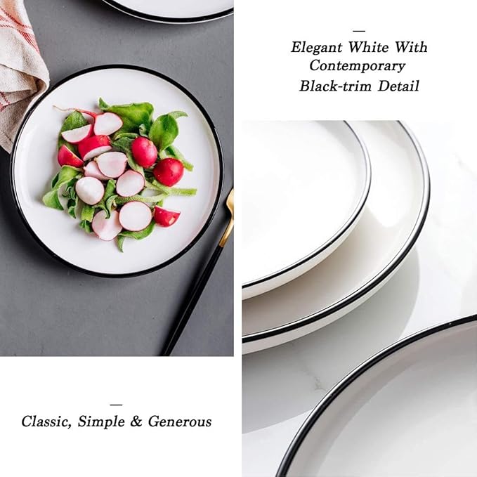 BonNoces 10 Inch Porcelain Dinner Plates, Elegant White with Black Edges Design, Classic Round Serving Plates Set for Steak, Pasta, and Salad, Set of 6