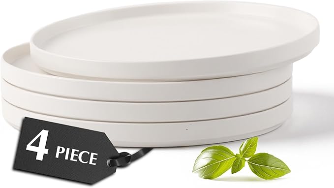 MIAMIO – Ceramic Dinner Plates Set for 4 People/Ceramic Dinnerware 4-Piece, Modern Stoneware, Dishwasher & Microwave Safe – Luxe Collection (White, 10 Inch)