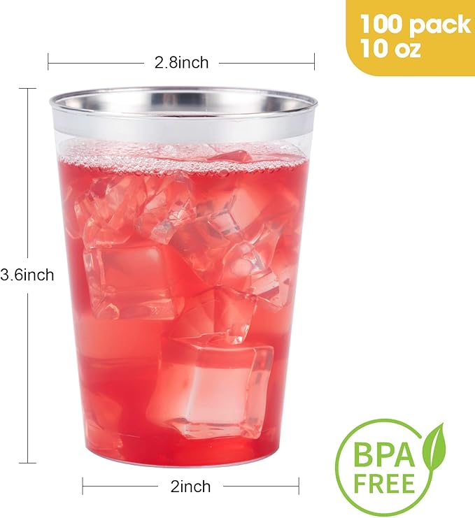 Goodluck 100PCS 10oz Plastic Cups for Party, Disposable Silver Plastic Cups, Cocktail Glasses for Wedding Thanksgiving, Christmas, and Parties