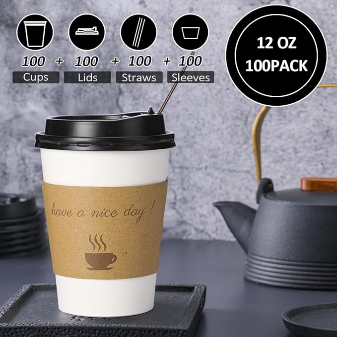 100 pack 12 oz Disposable Thickened Coffee Cups with Lids, Scald Resistant Hot Cup with Sleeve and Straw, To Go Coffee Cups for Home, Office, Cafes and Party (White 12oz)