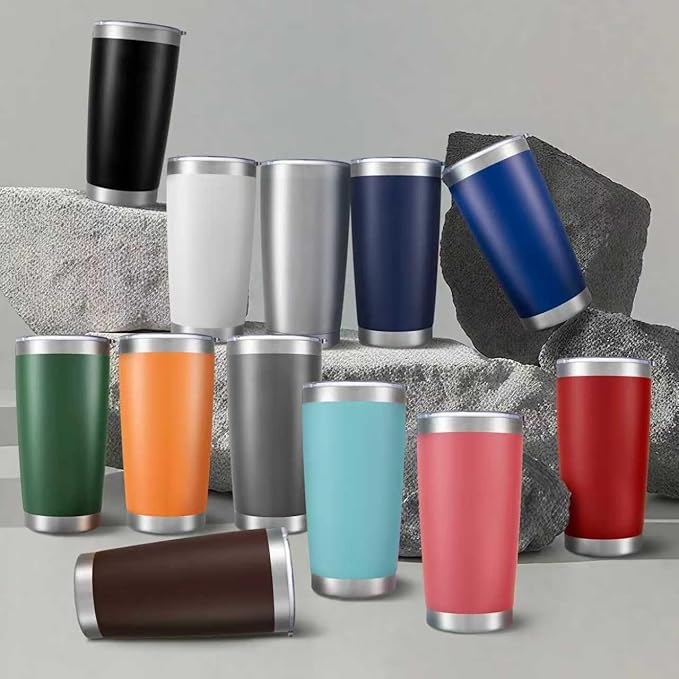 20 oz Tumbler Bulk with Lid Stainless Steel Insulated Tumblers Double Wall Vacuum Coffee Mug Powder Coated Tumbler Cups for Cold and Hot Drinks, Stainless Steel, 12 pack