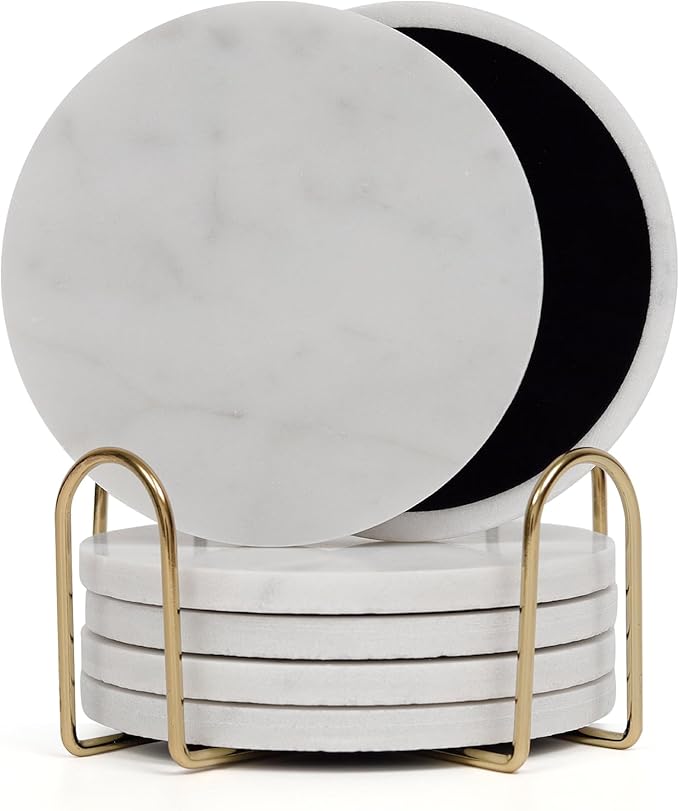 Carrara White Marble Coasters Set of 6 with Holder, Elegant Modern Round White Marble Drink Coasters for Coffee Table Decor, Semi Absorbent Stone Coaster for Drinks, Velvet Backed