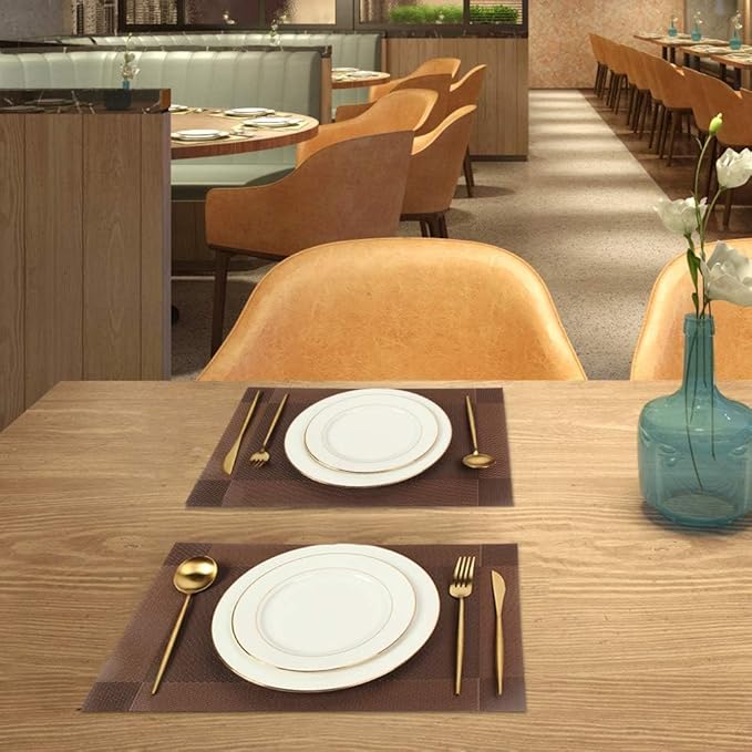 DACHUI Placemats, Heat-Resistant Placemats Stain Resistant Anti-Skid Washable PVC Table Mats Woven Vinyl (8pcs, Brown-Cross)