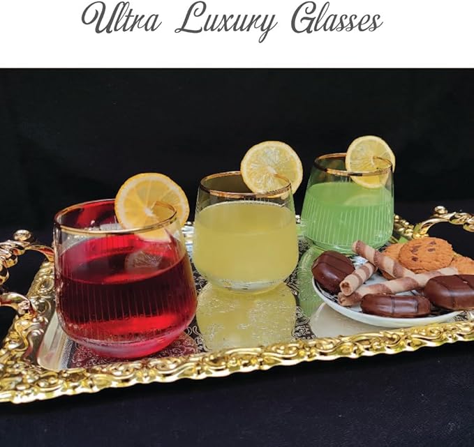 Gold Rim Cocktail Wine Whiskey Drinking Glasses Set of 6 Glassware Rimmed Trim Crystal Cups Juice Water Drinkware Drinks Bar Fancy Party Wedding Vertical Striped