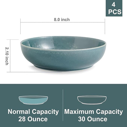 30oz Ceramic bowls set of 4-8" serving bowls for Kitchen,Pasta,Salad-Dishwasher & Microwave Safe Perfect for Housewarming, Thanksgiving, Christmas-Teal Green