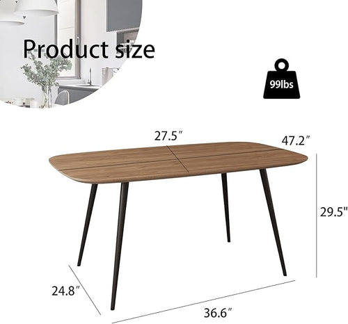 47.2'' Modern Farmhouse Dining Table, Wooden Rectangular Dining Table with Metal Legs for 4-6 People for Dining Room, Kitchen, Living Room (Walnut Color Table, 47.2")