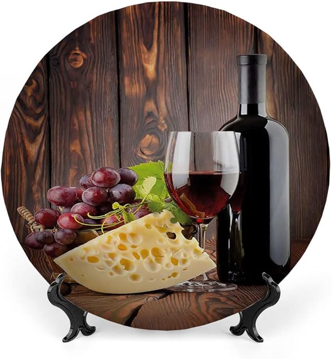 Ceramic Plates, Wine Decorative Ceramic Plates, Red Wine Cabernet Bottle and Glass Cheese and, 8 Inch, Household Plates Decorative, Brown Burgundy Cream
