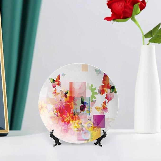 Decorative Plates, Abstract Print Ornament, Natural Design Flowers Leaves Squares Rounds, 10 Inch, 1 Plate with 1 Display Stand, Multicolor