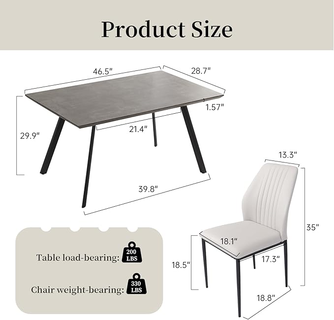 ZckyCine Modern 5-Piece Kitchen Table Set Rectangular Wood Dining Table with 4 Upholstered Leather Chairs (46.5" Table + 4 White Chairs)