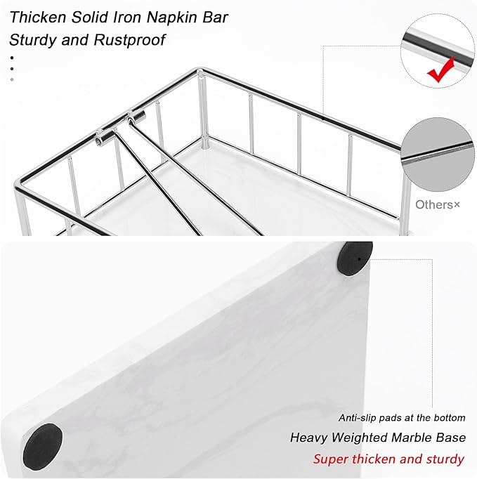 Livabber Flat Napkin Holder, Metal Kitchen Napkin Storage with Weighted Tension Arm Rustic Tissue Paper Dispenser for Countertop, Table Kitchen, Dining Room (With Marble Base, Chrome)