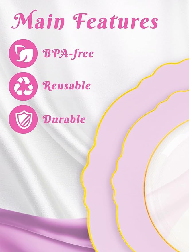 WDF 60Pcs Pink Plates Disposable with Gold Rim - Baroque Clear Pink and Gold Plastic Party Plates Ideal for Wedding, Valentine's Day