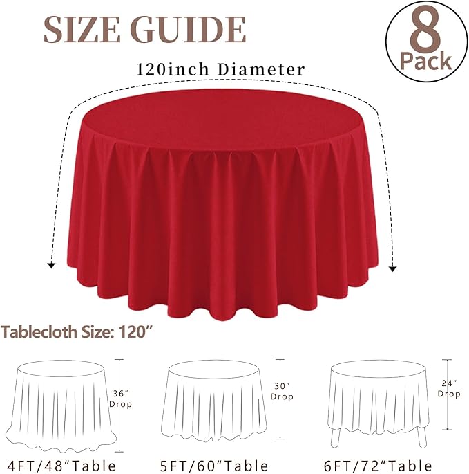8 Pack Red Round Tablecloth 120 Inch Valentine’s Day Red Table Cloth, Washable Polyester Fabric Stain and Wrinkle Resistant Table Cover for Party Wedding Buffet Dining Banquet Anniversary