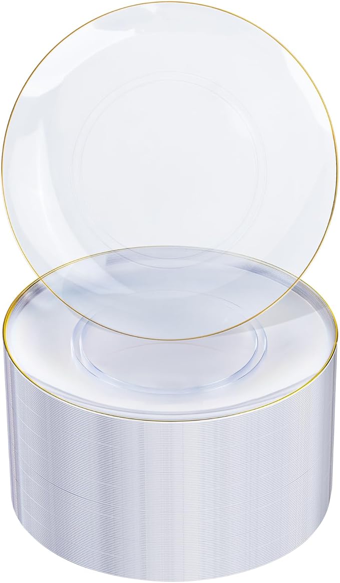Nervure 100Pieces Clear and Gold Rim Plastic Plates - 7.5inch Disposabl Salad Dessert Plate - Clear and Gold Party Plates Ideal for Wedding & Party