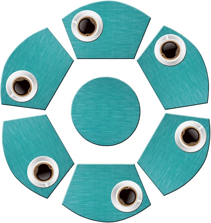 PIGCHCY Wedge Shaped Placemats Set of 6 with Centerpiece Round Mats Washable Kitchen Placemats Heat-Resistant Table Mats (Teal Blue)
