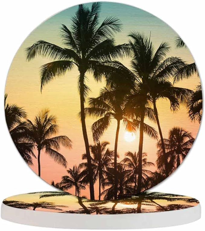 Tropical Island Sunset Coasters for Drinks Beautiful Nature Landscape Sunrise Dusk Scenery Palm Tree for Tabletop Protection Coffee Table Living Room Kitchen Office Home Decor 2 Pcs,4 Inch