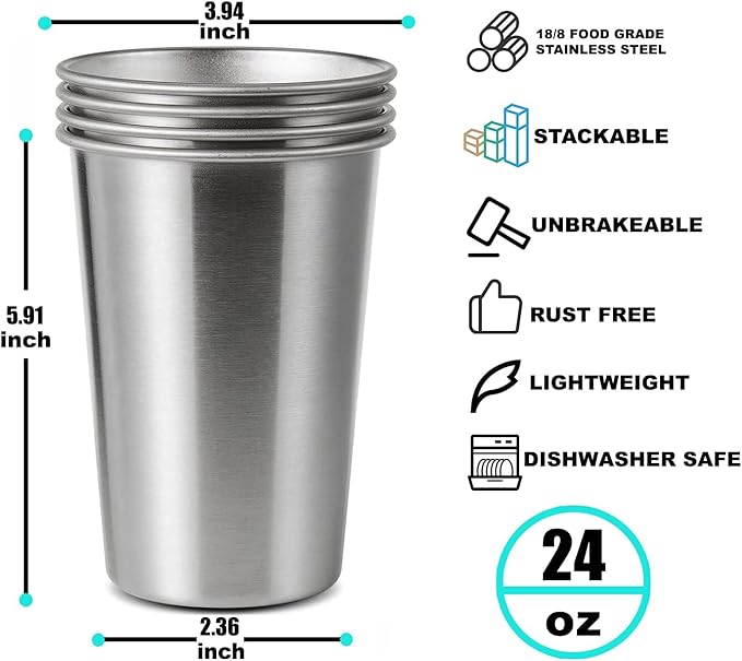 4 Pack 24oz Stainless Steel Pint Cup,Healthy Unbreakable and Stackable,Metal Drinking Glasses