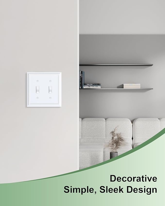 2-Pack Double Toggle Light Switch Cover Plate, Durable Natural Bamboo Fiber Decorative Switch Plate Covers, Pure White 2 Gang Wall Plate, Corrosion Resistant