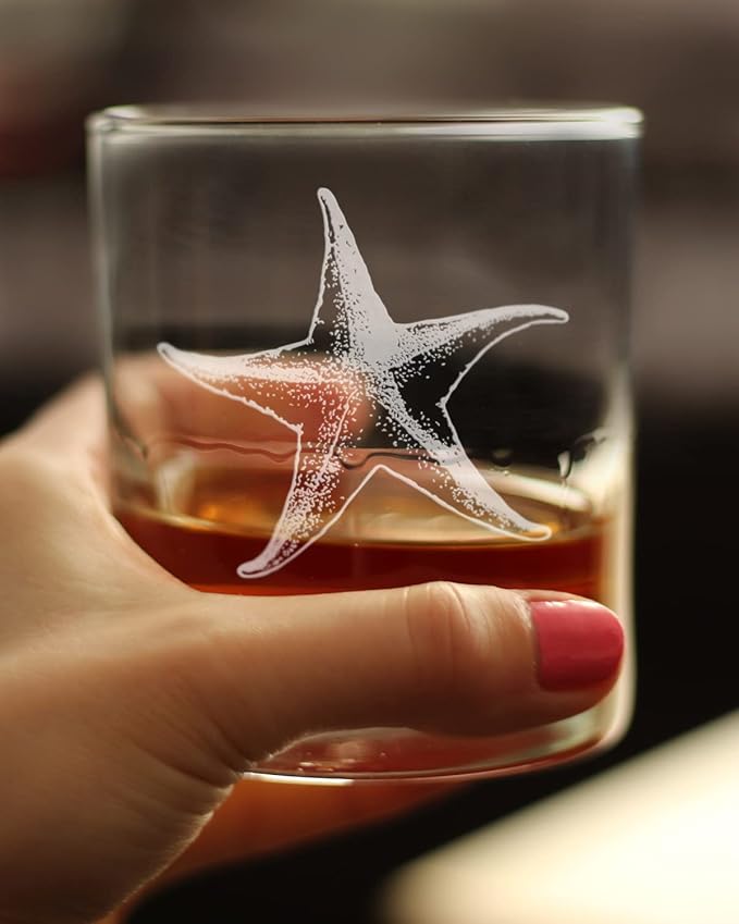 Bevvee Starfish Rocks Glass - Beach Themed Decor and Decorative Ocean Glassware Gifts for Women and Men - 10.25 Oz Glasses