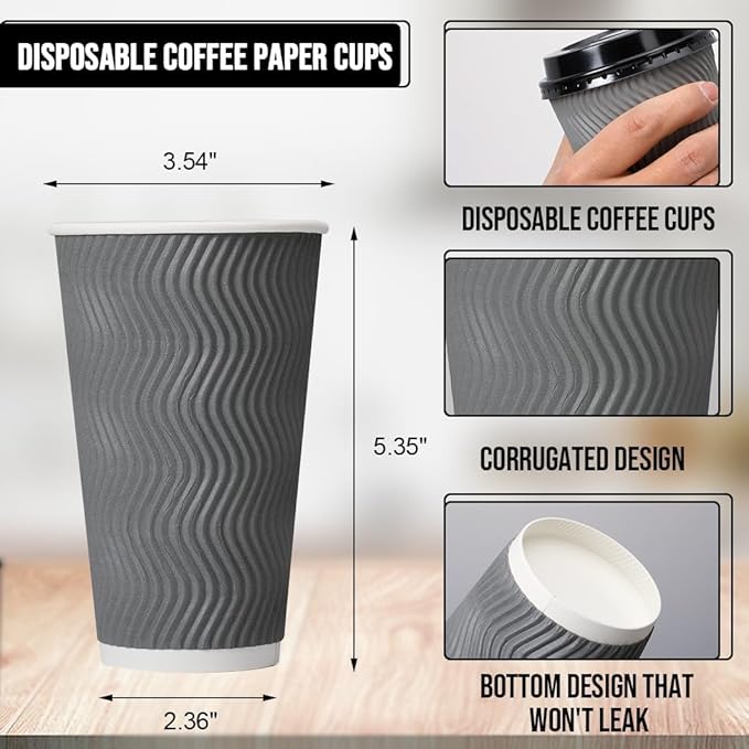500 Pack 16 oz Coffee Cups with Lids, Disposable Insulated Hot Cups To Go Paper Coffee Cups, Corrugated Ripple Wall Cup for Hot Drink, Office, Coffee Bar (Grey 16 oz)