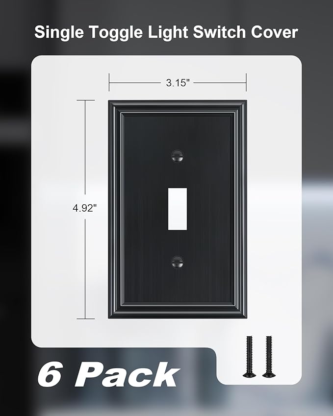 6-Pack Single Toggle Light Switch Cover Plate, Durable Solid Zinc Alloy Decorative Switch Plate Covers, Black 1 Gang Wall Plate, Corrosion Resistant