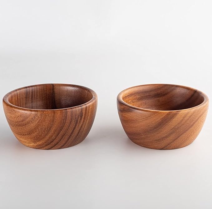Acacia Wooden Salad Bowls (Set of 2): 6" x 3" Individual Wood Serving Bowls for Fruits, Cereal, Salads or Snacks - Handmade from a Single Organic Piece of Acacia Wood, Food Safe