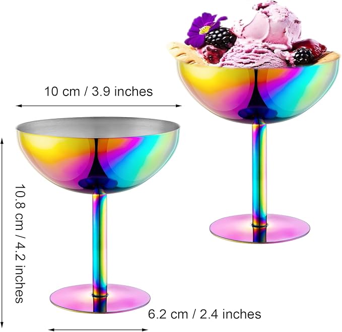 Ice Cream Bowls Stainless Steel Dessert Cups with Spoons Reusable Footed Sundae Cups Ice Cream Cups for Dessert, Frozen Yogurt, Gelato, Birthday Party Decorations (2, Colorful)