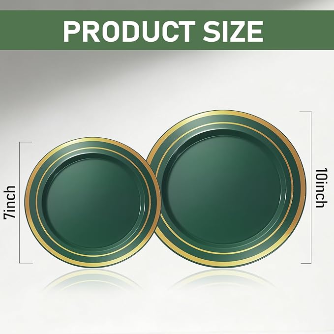 200PCS Green Plastic Plates, Green Disposable Plates with Gold Rim Include 100 Dinner Plate 10 inch and 100 Dessert Plate 7 inch Perfect for Party & Wedding