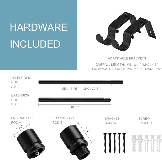 Curtain Rods for Windows 16 to 28 or 40 Inches Max Adjustable Length 1 Inch Diameter Window Curtain Rod with Aluminium Finials, Black