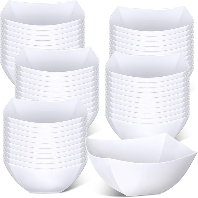 Tanlade 50 Pcs Square Plastic Serving Bowls Disposable Snack Salad Bowl Small Party Candy Bar Containers Taco Bar Serving Dishes for Buffet Chips Fruit(4 oz,White)