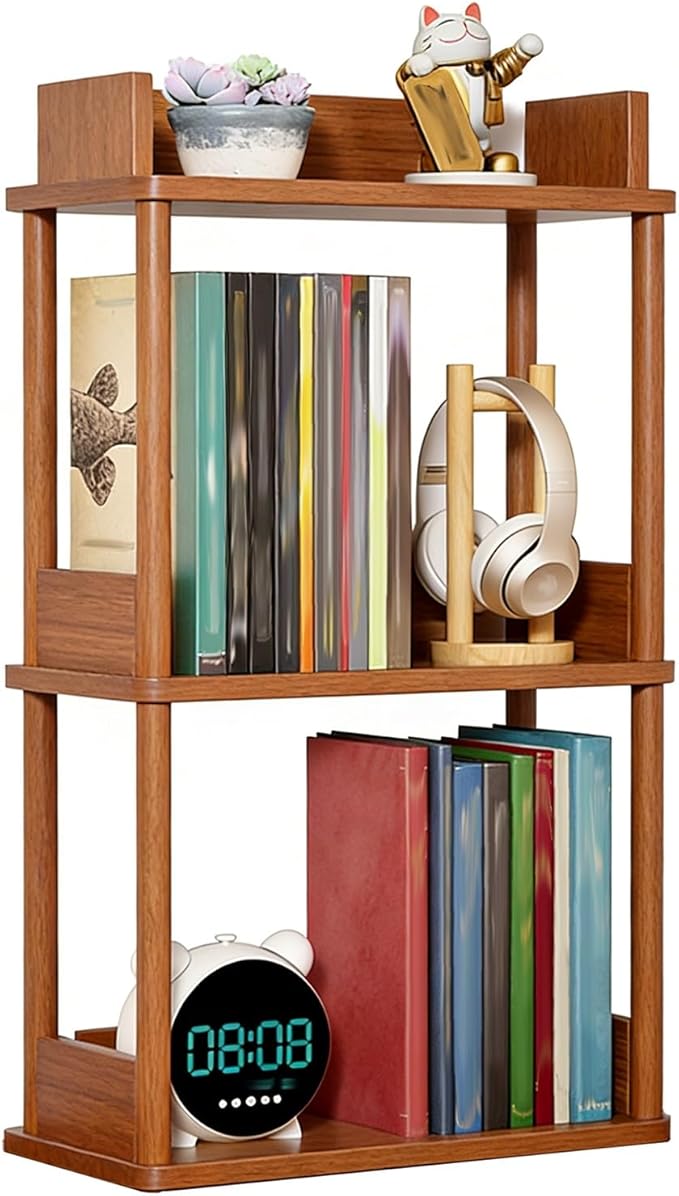 Desktop Organizer Shelf, Multi Tier Wood Tabletop Bookshelf, Space Saving Countertop Storage Rack for Office, Bedroom, Living Room(Light Walnut,15.7 * 7.8 * 26.7in)