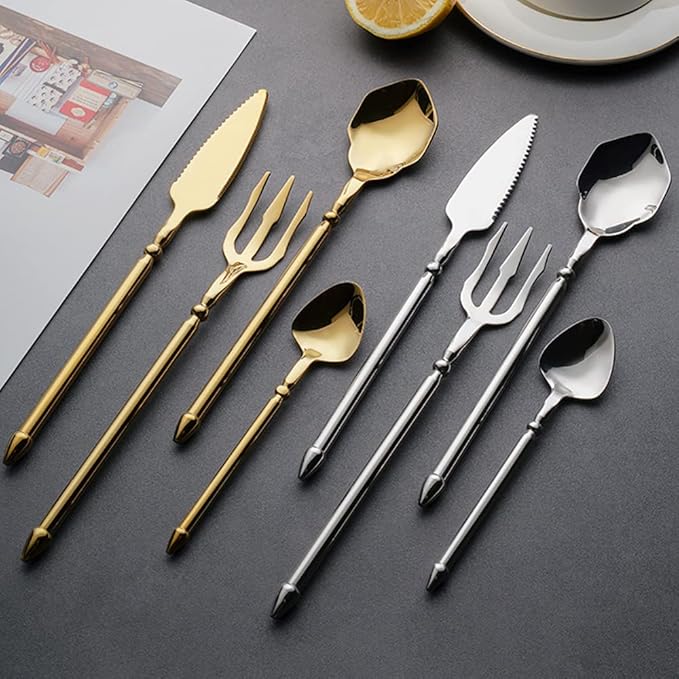 Gold Silverware Set for 6 Durable 18/10 Stainless Steel Flatware Set Creative Styles 24 Piece Modern Cutlery Tableware Utensils Set for Home Kitchen Wedding Restaurant Knives forks and Spoons