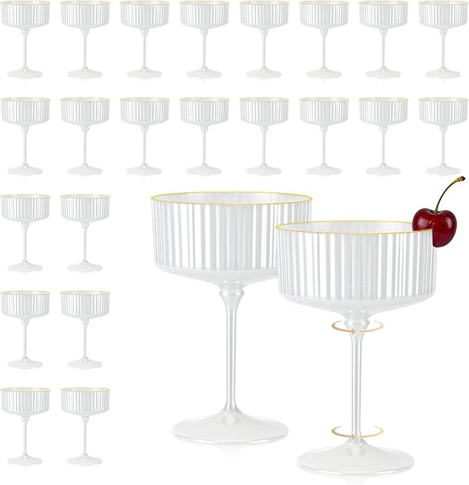 24 PCS Champagne Martini Glasses Pearl White 10 oz Espresso Martini Glasses Gold Rim Disposable Plastic Ribbed Coupe Glasses Vintage Cocktail Glass Champagne Coupe Cup For Wedding Anniversary