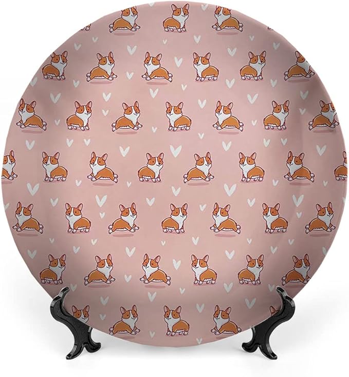 Ceramic Display Plate, Dog Lover Ceramic Hanging Decorative Plate, Cute Little Corgi Jumping Running and Standing, 6 Inch, Household Custom Ceramic Plate, Coral Orange White
