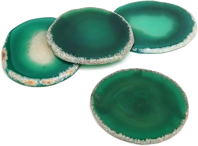 Agate Drink Coasters Set of 4, Natural Stone Coaster for Coffee Table 3.5-4" Geode Gemstone Coasters Decor, Unique Gift for Women Men Housewarming Birthday Wedding Anniversary (Green)